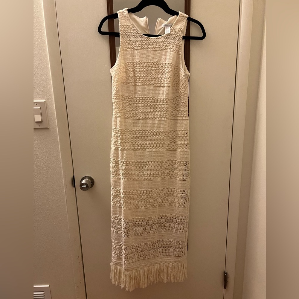 London Times Cream Sleeveless Sheath Fringe Dress